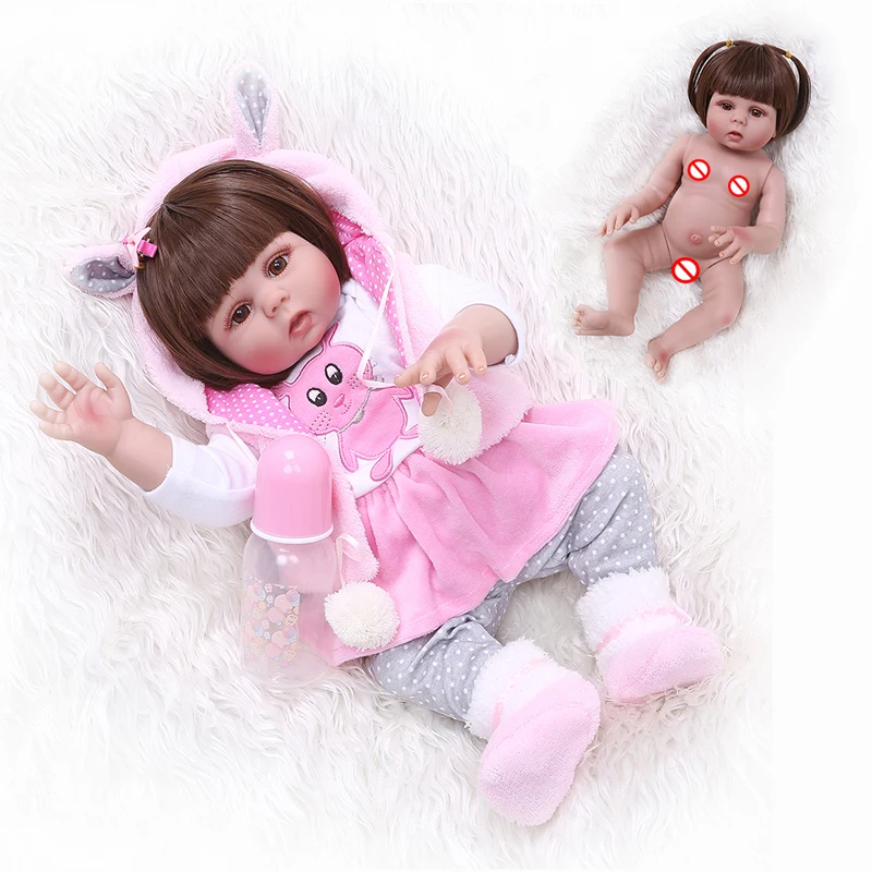 

NEW straight hair 49CM bebe doll reborn toddler girl in pink rabbit dress full body soft silicone realistic baby bath toy