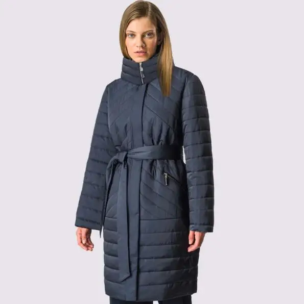 Новая весенняя Осенняя Женская парка ветрозащитная тонкая женская куртка длинного размера плюс стеганая хлопковая куртка с стоячим воротником Верхняя одежда - Цвет: DARK BLUE