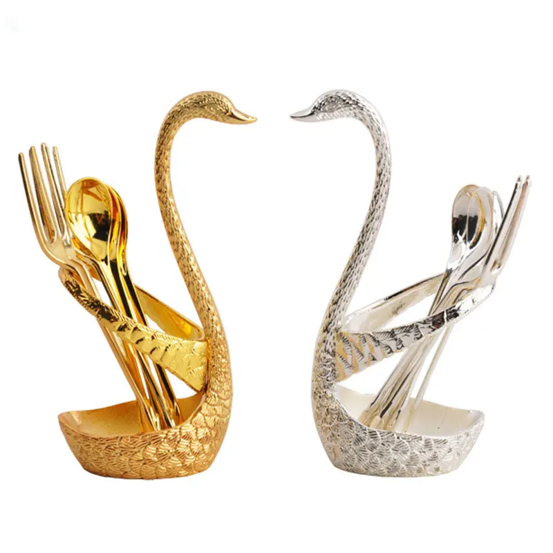 Золотой и Серебряный лебедь, металлический нож для фруктов и столовая вилка, набор, семейный кухонный держатель для столовых приборов, украшение, посуда из нержавеющей стали