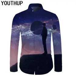 Youthup Для мужчин летние рубашки 3D Galaxy планета Повседневное рубашки печати Slim Fit Гавайские рубашки с длинным рукавом Для мужчин Блузы топы