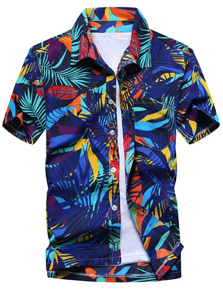 Men's Tropical print Shirts Summer Casual Palm Print Tops Lapel Short