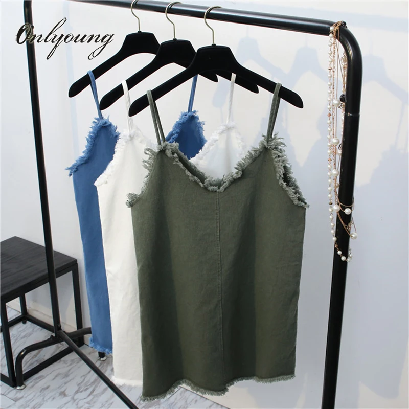 

Onlyoung 2018 Summer Denim Sundress Women Jeans Dress Overalls Spaghetti Strap Ripped Casual Short Denim Dress