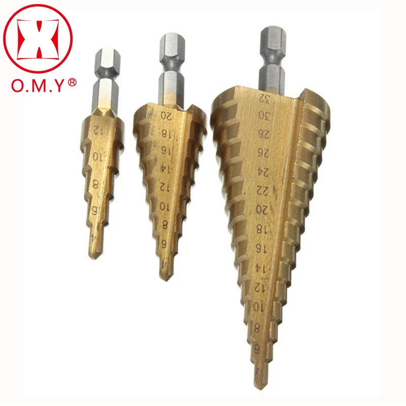 OMY Professional HSS Steel Large Step Cone Hex Shank Coated Metal Drill Bit Cut Tool Set Hole Cutter 4-12/20/32mm Wholesale
