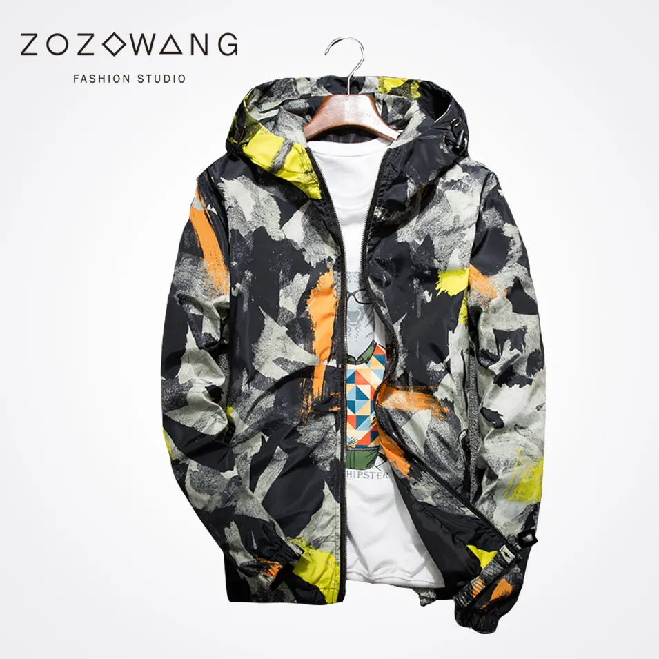 

Zozowang new spring autumn plus size casual short jacket men high quality print camouflage zipper hooded jacket coat men