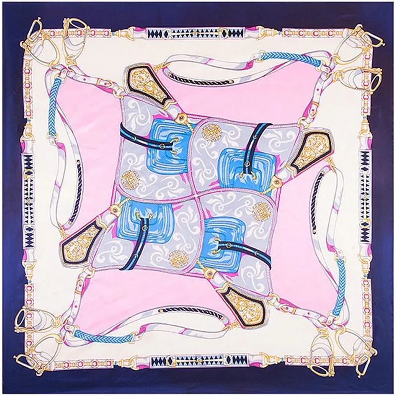 

90x90cm Europe style Imitation Silk Scarf Women Saddle Belt Chainr Pattern Paint NeckerChief Bandana Square Muslim Headscarf
