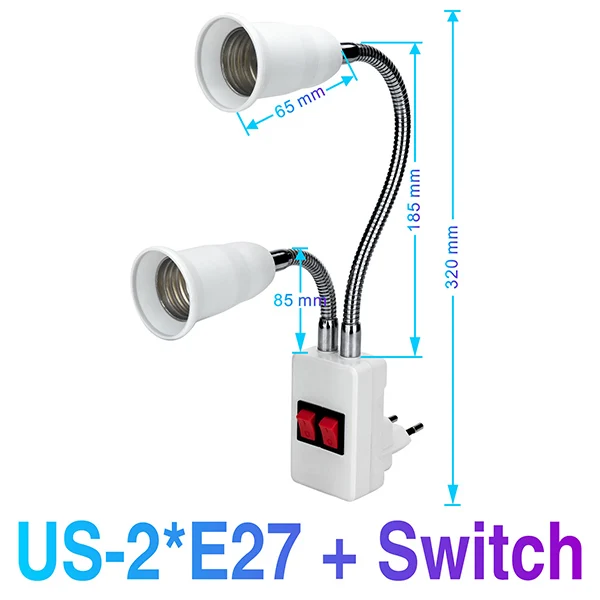 Гибкая лампа с двойной головкой, цоколь, светильник E27, AC85-265V, удлинитель, преобразователь вкл/выкл, светодиодный держатель лампы, винтовой разъем, штепсельная вилка стандарта ЕС/США - Цвет: US-E27