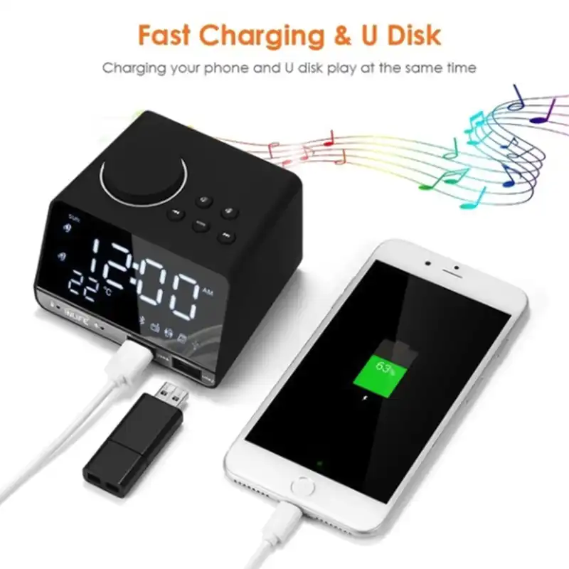 K11 Wireless Speaker Radio Alarm Clock 2 Usb Port Charging Station