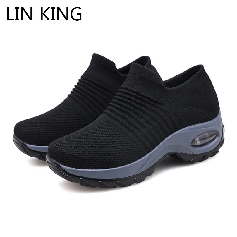 

LIN KING Plus Size Women Casual Shoes Breathable Knitting Air Mesh Lady Ankle Wedges Shoes Comfortable Female Outdoor Sneakers