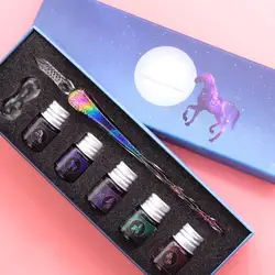 Rainbow Glass Fountain Pen Water Set Student Crystal Dip Pen Gift Box Handmade Stationery Creative Ink Pen Art Supplies