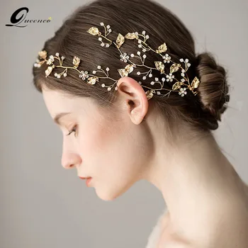 

QUEENCO Golden color Leaf Bridal Hair Comb Crystal Hair Vine Wedding Hair Accessories Girl's Headpiece Hair Jewelry