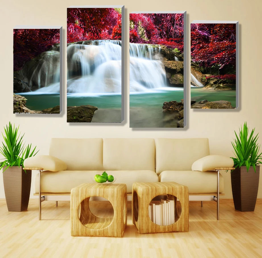 4 Panel Sets Beautiful Waterfall Landscape Painting Flowers Modern Pictures On Canvas Artwork Print Customized Picture A-10-120 | Дом и сад
