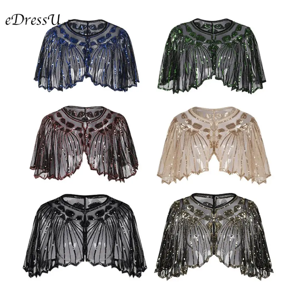 

eDressU 1920s Party Cape Great Gatsby Vintage Beaded Shawl Sequins Cover up Glitter Bolero Eveningwear Stage Performance Scarf