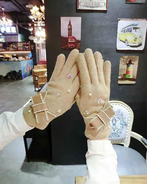 Модные женские зимние перчатки для сенсорного экрана, стразы с бантом, перчатки для пальцев, женские теплые бархатные кашемировые перчатки для сенсорного экрана, женские Agl224