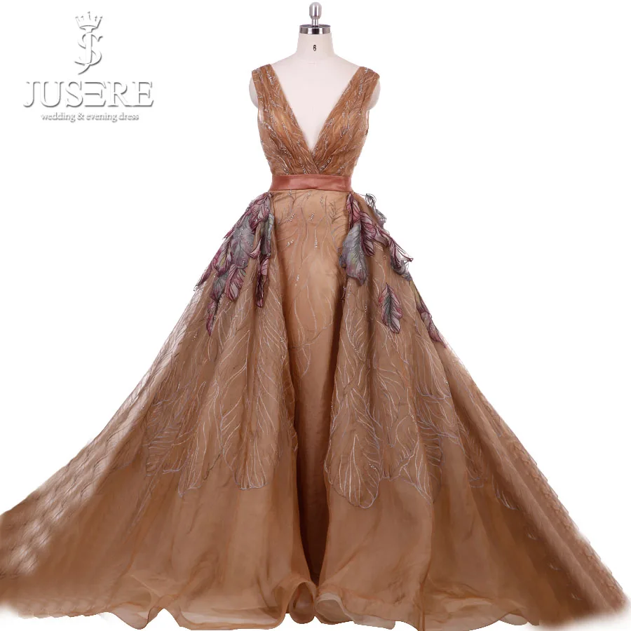 

New Champagne Embroidery Branch Organza Chapel Train Paiting Leaf Applique Beaded Deep V neck Belt Evening Dress Prom Dress 2018