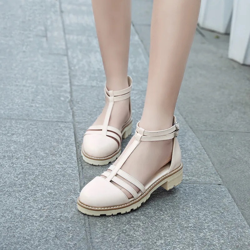 YMECHIC/летние женские туфли на массивном низком каблуке; Туфли на квадратном каблуке; цвет розовый, белый; Туфли-гладиаторы; большие размеры; милая повседневная обувь для колледжа;