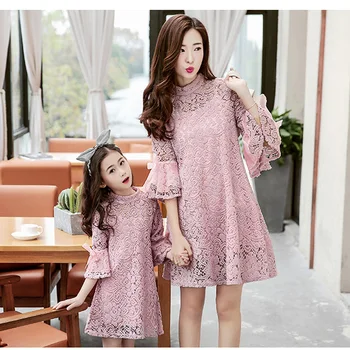 

Mommy and me dresses family matching clothes beige pink floral lace princess dress mother and daughter spring autumn outfits