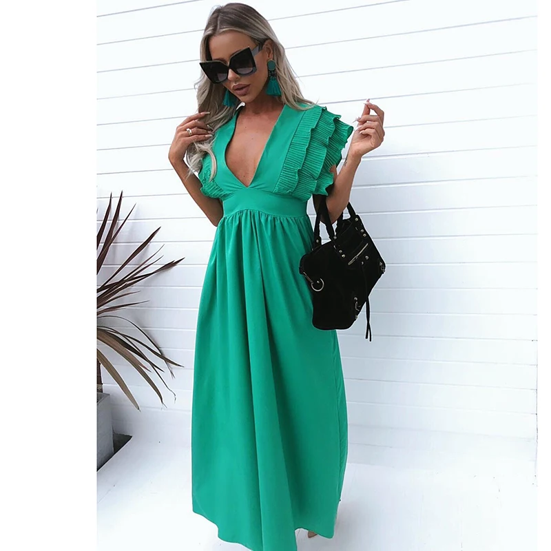 Fenghua Casual Plus Size Summer Dress Women 2018 Elegant Ruffles Long Party Dresses Female Sexy Deep V-Neck Wedding Maxi Dress