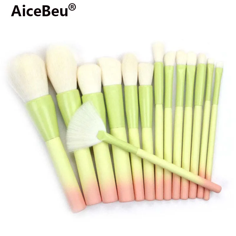 AiceBeu, градиентный цвет, Pro, 14 шт., набор кистей для макияжа, косметическая пудра, Тональная основа, тени для век, подводка для глаз, наборы кистей для макияжа, инструмент - Handle Color: Green
