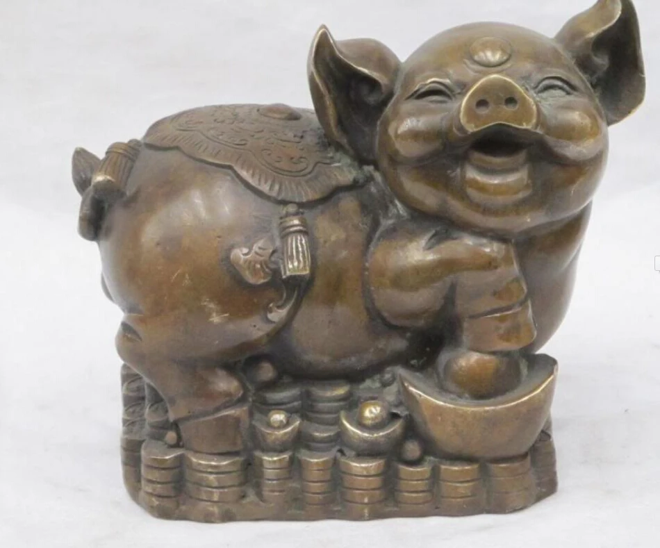 

0228 7"Bronze animal yuanbao destiny bi wealth money happy Pig statue