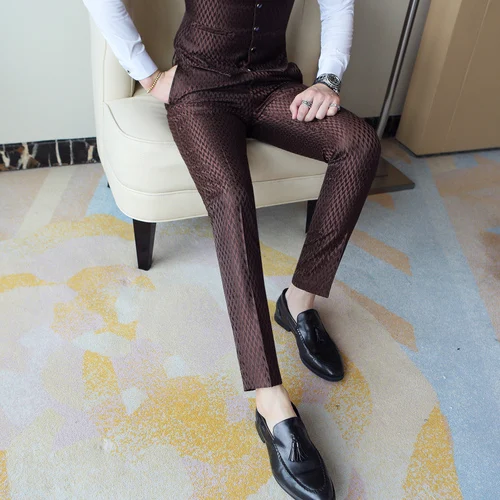 Высококачественный бренд модный бутик клетчатый повседневный деловой мужской костюм брюки/мужские повседневные мужские брюки Тонкий костюм брюки - Цвет: Coffee