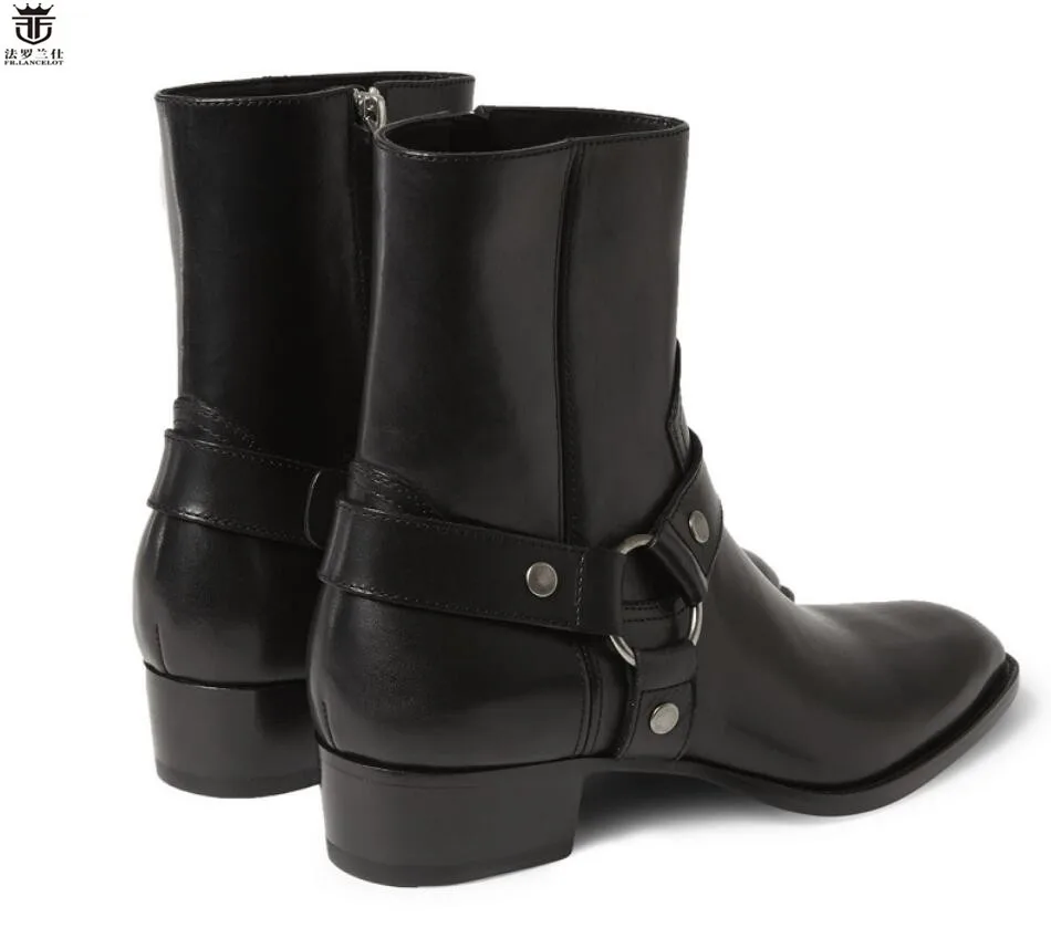 Winter European Style Chelsea Boots Pointed Toe Cow Leather Boots Men Riding Low Heel Motorcycle Boot