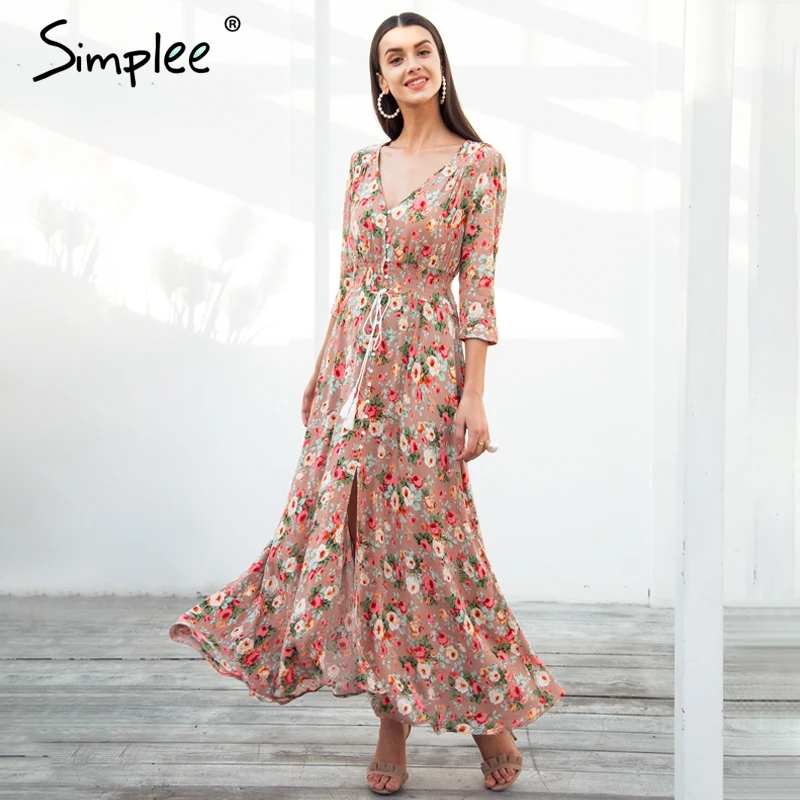 

Simplee Boho chic maxi summer dress women Elastic causal button beach long dress female Spring print vestidos dress robe femme