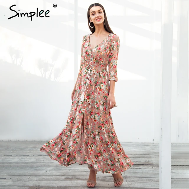 Simplee Boho chic Макси летнее платье женские эластичные Причинно Кнопка пляжное длинное платье Женский Весна Принт vestidos платье роковой