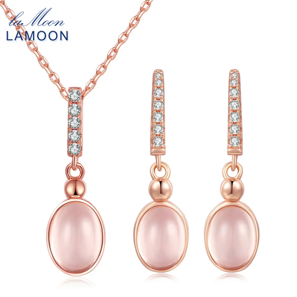 

LAMOON S925 Fine Jewelry Set 6x8mm 100% Natural Gemstone Oval Egg Rose Quartz Sterling Silver Jewelry PlatedV021-2
