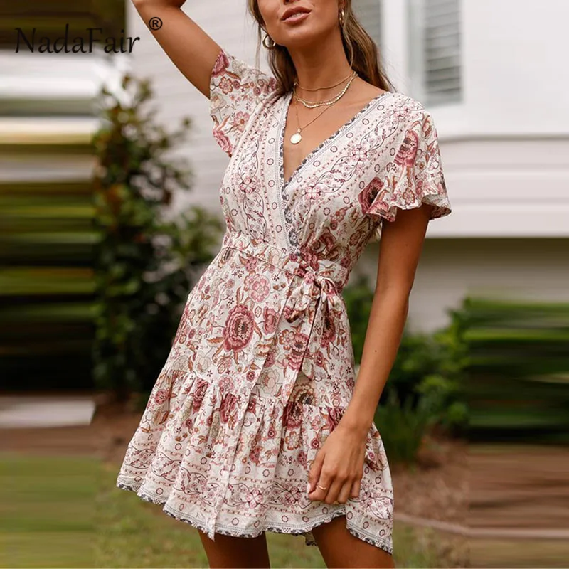 

Nadafair Boho Floral Print Summer Dress Women High Waist Lace Up A Line Dress Fashion 2019 V Neck Short Sleeve Beach Mini Dress