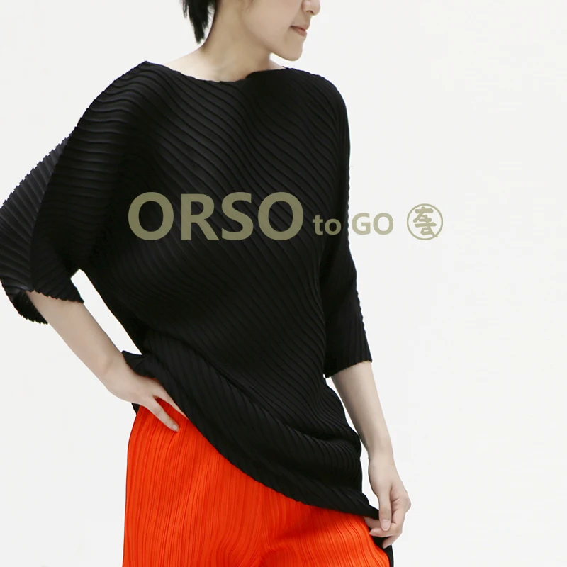 

Fashion Pure Color Women Autumn Tops Casual Irregular Long Black Tshirt Three Quarter Sleeve Pleated Tees for Elegant Women