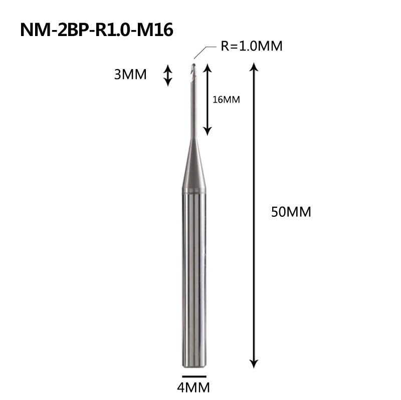 NM-2BP, Вольфрамовая сталь, 2 флейты, круглый нос, длинная шея, с покрытием, Концевая фреза, Фрезерный резак, режущие инструменты для меди и алюминиевого сплава - Длина режущей кромки: NM-2BP-R1.0-M16