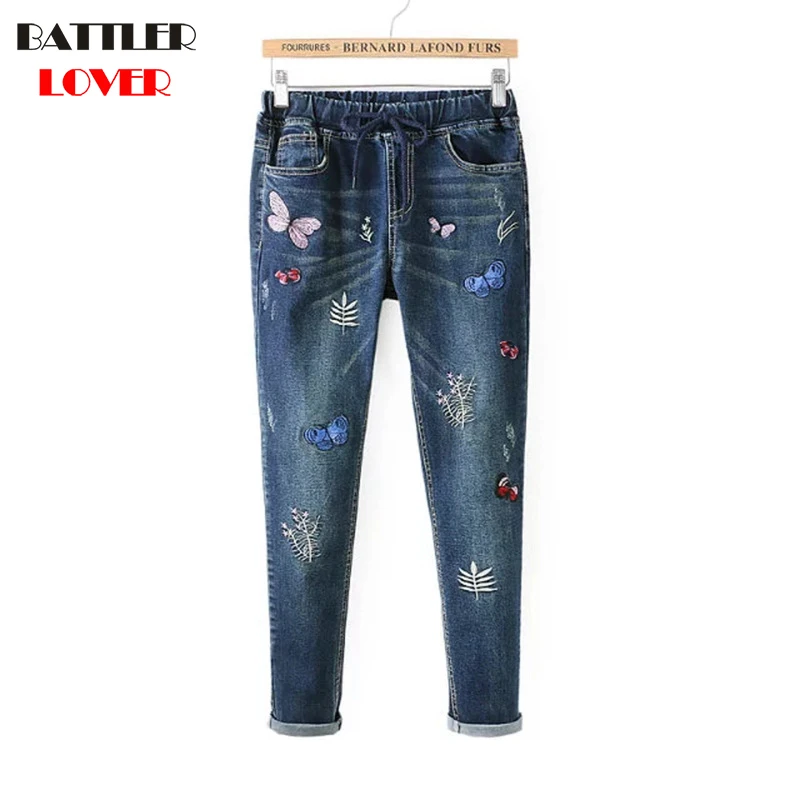 Elastic Women Jeans With Embroidery Boyfriend High Stretch Skinning Denim Pants Young Trousers straight jeans for Girls 2017