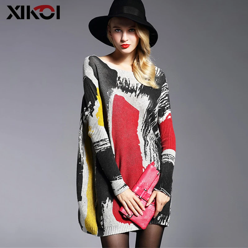 XIKOI الربيع النساء البلوزات البلوفرات طويل المتضخم مائل الرقبة جاكيت رقيقة صداري الإناث عارضة طباعة محبوك البلوزات