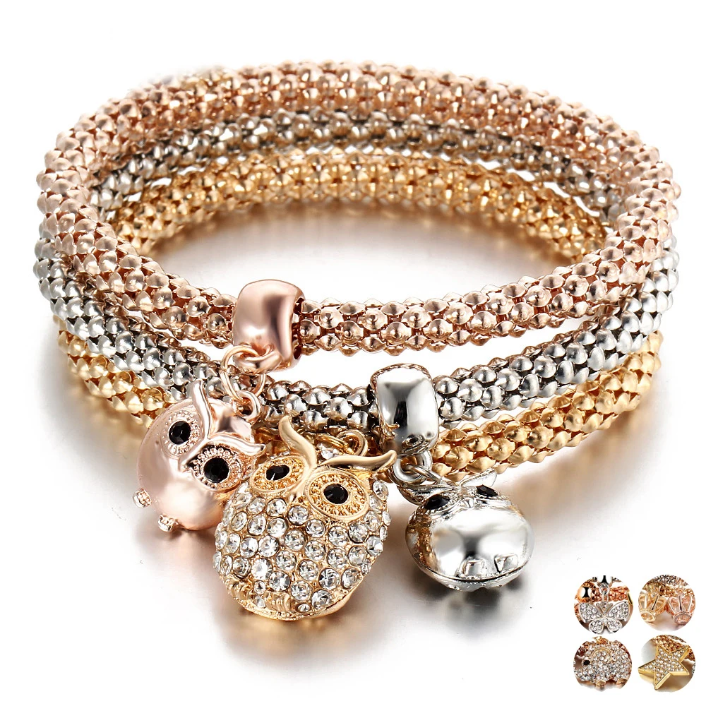 

Rinhoo3 Pcs/Set Crystal Owl Crown Metal Charm Bracelets&Bangles Rose Gold Color Elephant Heart Pendant Rhinestone Bracelet Women