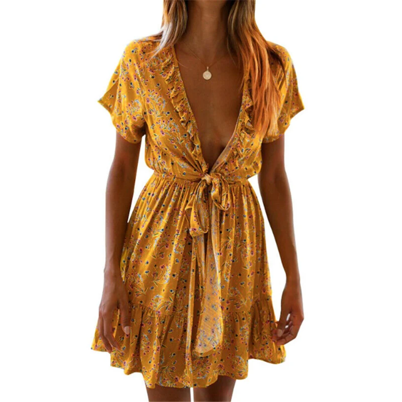 

2019 Summer Fashion Women Boho Beach Dress Casual Short Sleeve V-Neck Loose Dresses Elegant Yellow Black Floral Female Vestidos