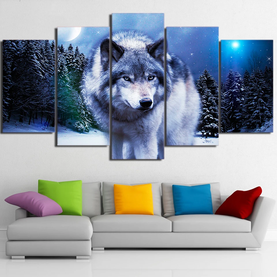 

Wall Art Modular Poster Frame HD Printed 5 Panel Wolf Stare Starry Night Painting Modern Canvas Living Room Pictures Home Decor