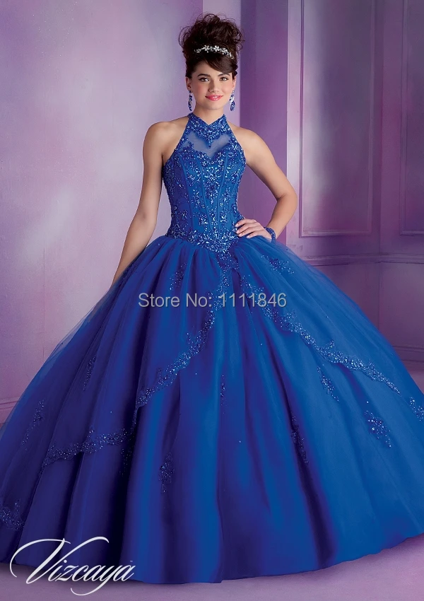 Amazing Designer High Neck Blue Quinceanera Dresses 2015 Sleeveless
