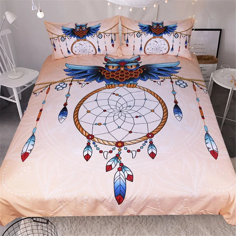 

Owl Dreamcatcher Bedding Set Queen King Colorful Feathers Skull Duvet Cover Pillowcase Bohemian Printed Floral Bedclothes 3pcs