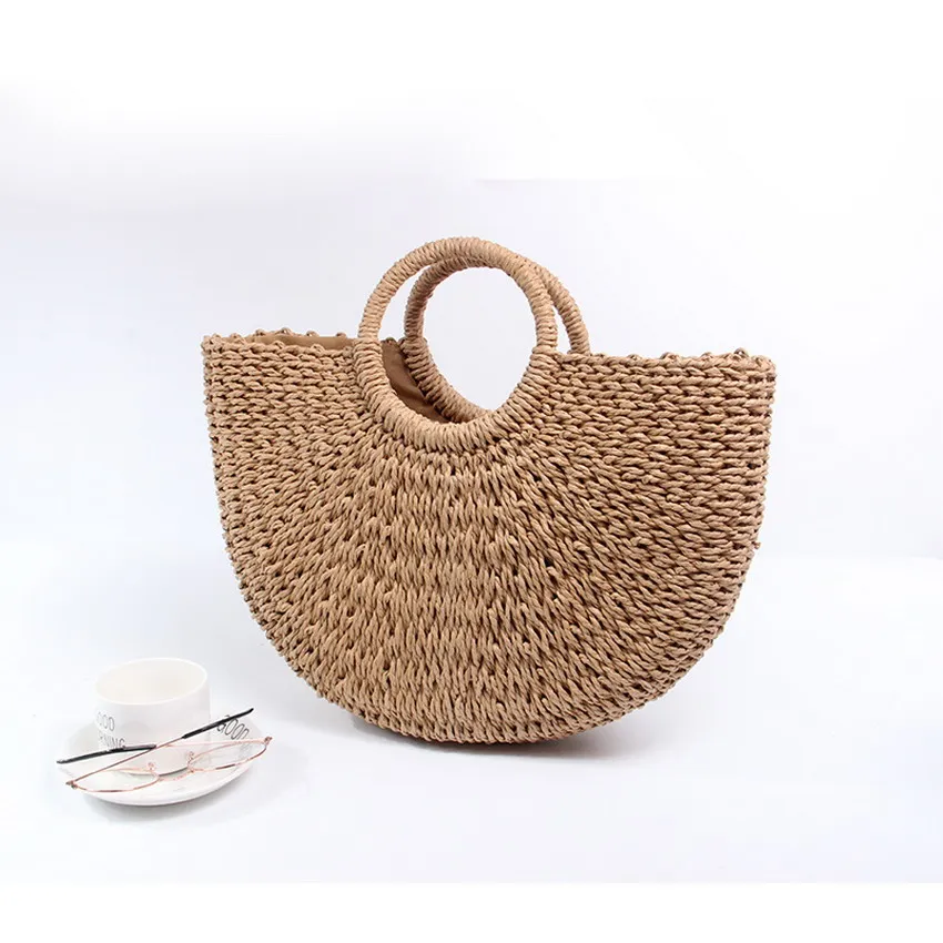 

2019 Handmade Cotton Linen Beach Bag Weaving Bamboo Bag Wood Top-handle Handbags Ladies Round Straw Bag Moon Shaped Wrapped Bags