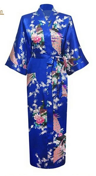 Темно-синий женские Модные павлина длинное кимоно Банный халат ночная сорочка Платье Халат юката пижамы с поясом размеры s m l xl XXL, XXXL - Цвет: blue