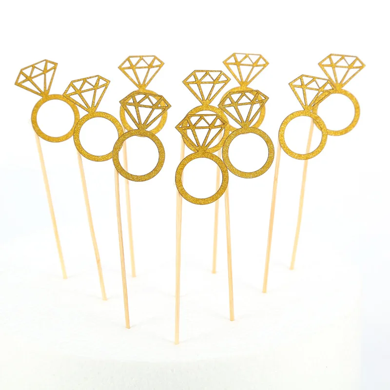 10Pcs/pack Gold Glitter Diamond Ring Cupcake Toppers Wedding Cake Topper Decor Wedding Ceremony Birthday Party Decor Supplies,Q