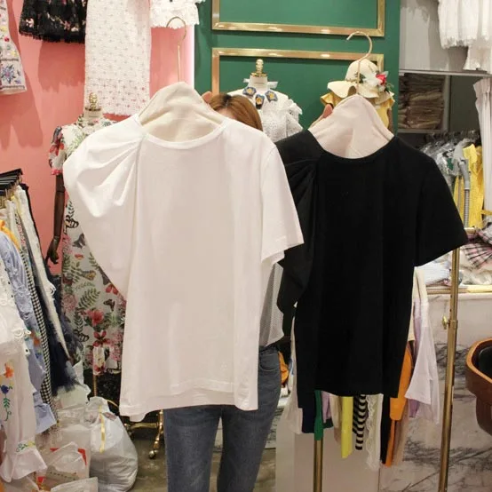 

Summer Women Ruffles T-Shirts Butterfly Sleeve High Street O-Neck T-Shirts Pure Color Short Sleeve T-Shirts