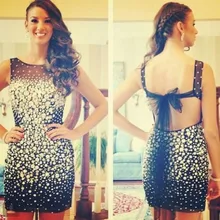 Sexy Schwarz Strass Cocktailkleider 2015 Open Back Bogen O Neck Kurze Party Kleid Vestidos Mini Tüll Festliche Kleider