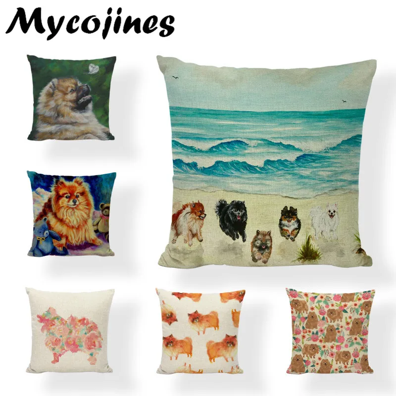 

Pomeranian Cushion Cover Oil Painting Grass Stitching Butterfly Painted Home Decor Farmhouse Living Room Linen Throw Pillow Case