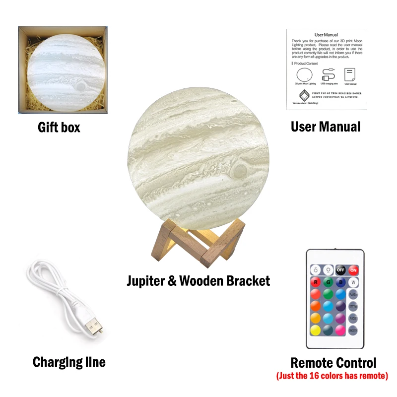 3D светильник с принтом лампа изображением Юпитера заземлением цветная Луной