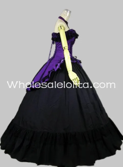 Готический черный и фиолетовый без рукавов в викторианском стиле платье для проведения реконструкции исторических событий бальное платье