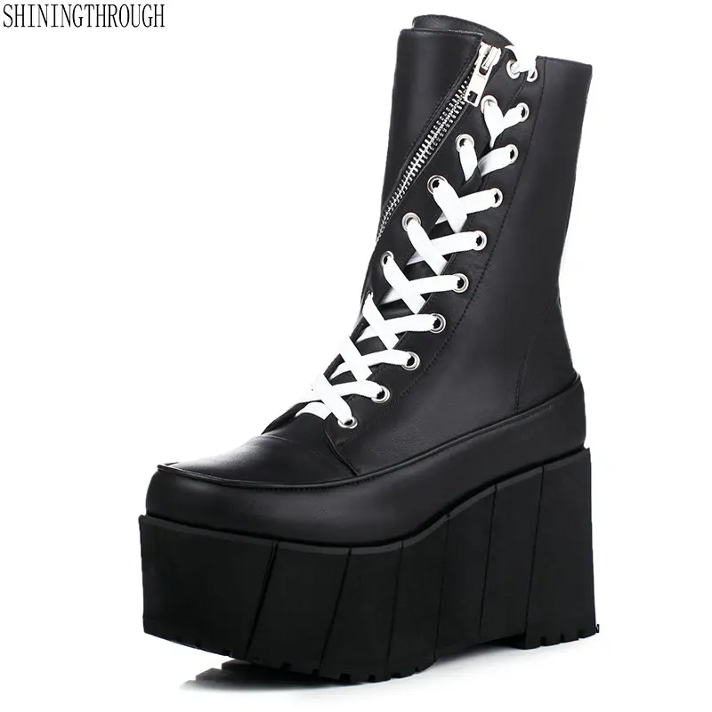 

Genuine leather Ankle Boots Women Platform Boots High Heels Shoes Woman Comfortable lace up motorcycle ladies boots