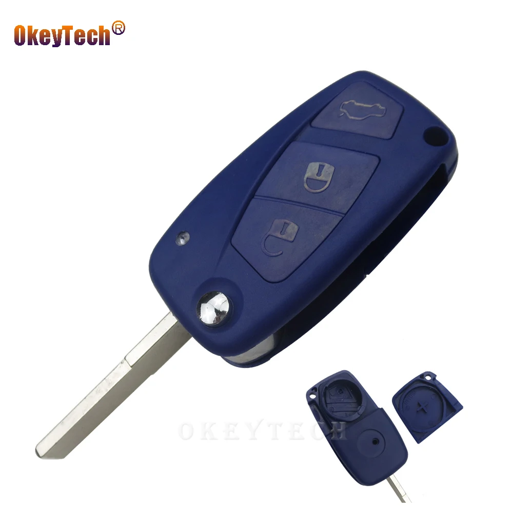 

OkeyTech Blue 3 Button Flip Fold Remote Switchblade Key Shell for Fiat Punto Ducato Stilo Panda Doblo Bravo Replacement Fob Case