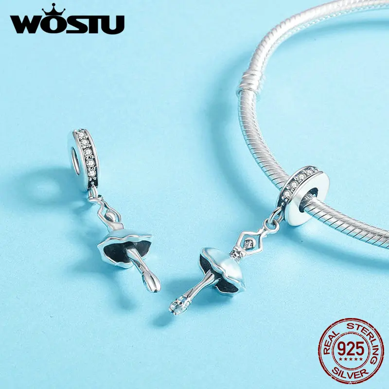 WOSTU Original Design 925 Sterling Silver Blue Enamel Dancer Ballet Girl Pendant fit for Charm Bracelet Women Mother Gift BKC514