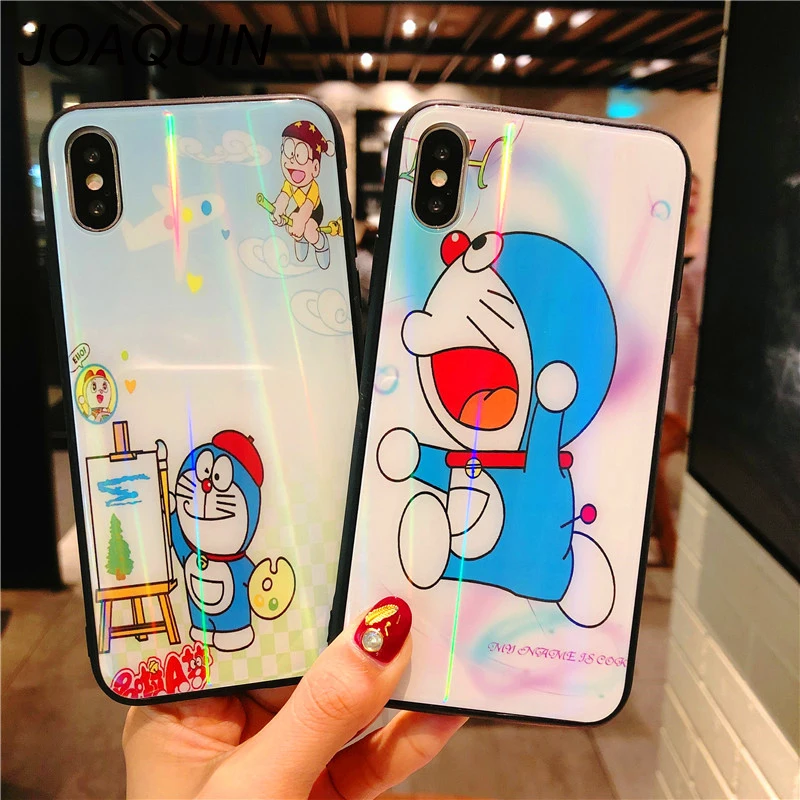 Beste Leuke cartoon Doraemon Case Voor iPhone 7 6 s 8 Plus iPhone 6 Gehard glas laser Cover Case Kat Blauw glossy Case Voor Meisje